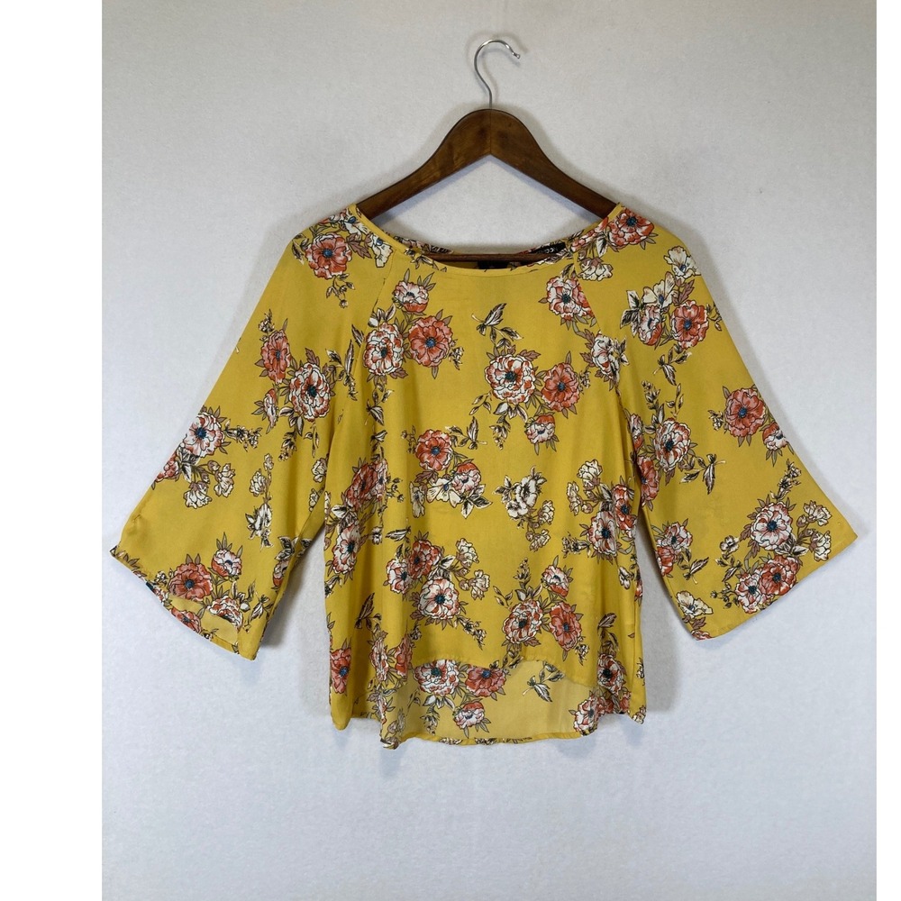 Boho Papermoon Women SP Yellow Floral Bell Sleeve High-Low Back Zip Blouse Top